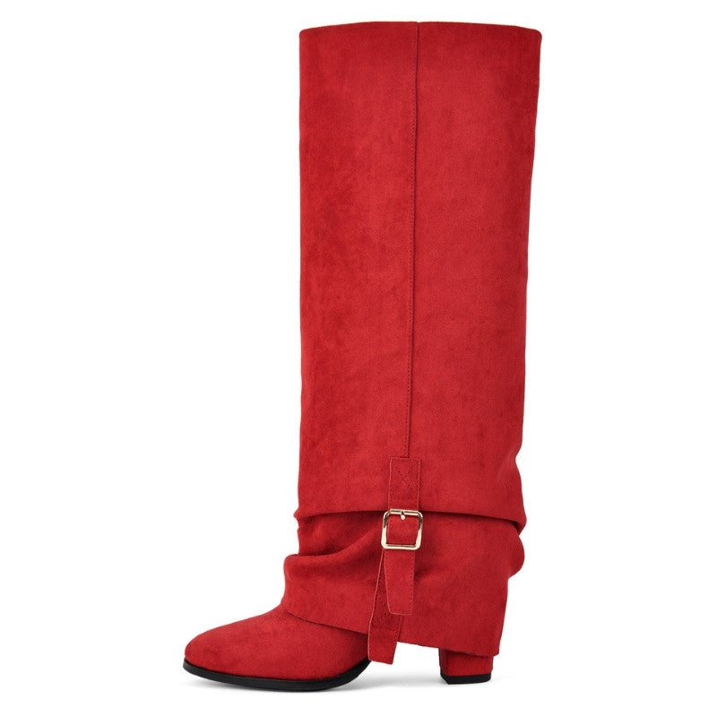 Suede Buckle Fold Over Knee High Boots - Onlymaker