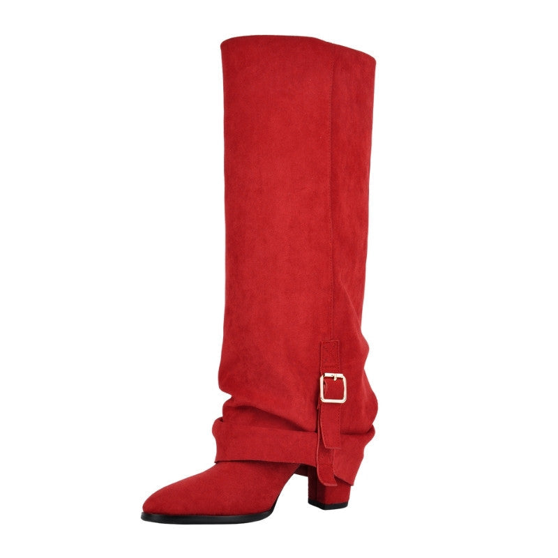 Suede Buckle Fold Over Knee High Boots - Onlymaker