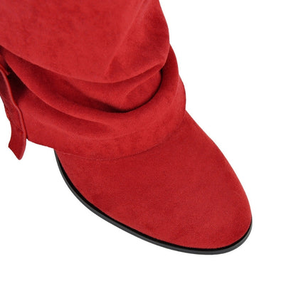 Suede Buckle Fold Over Knee High Boots - Onlymaker