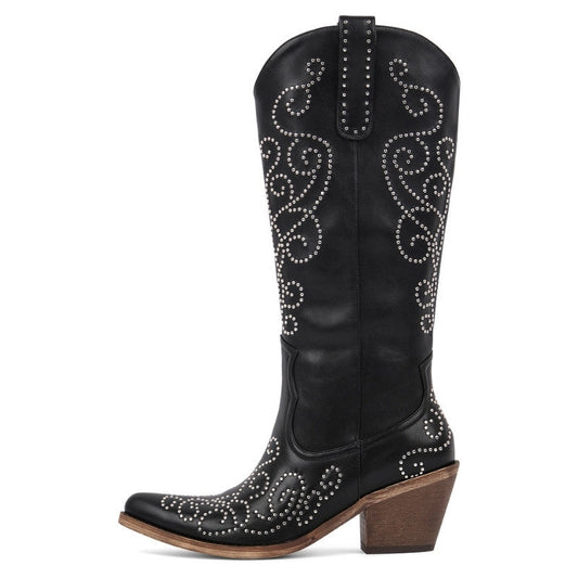 Pointed Toe Rivet Knee High Western Boots - Onlymaker