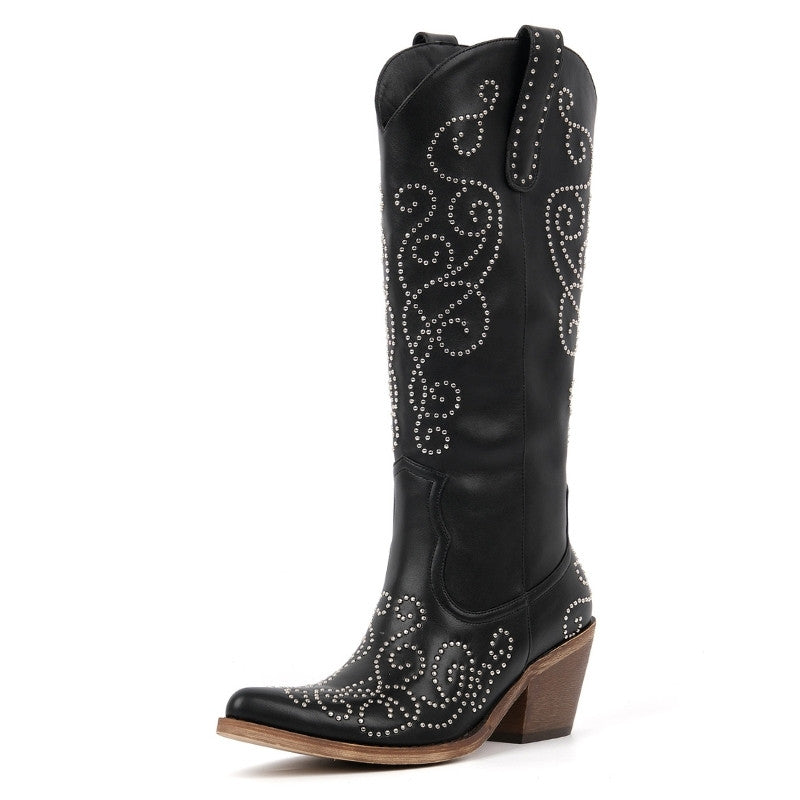 Pointed Toe Rivet Knee High Western Boots - Onlymaker