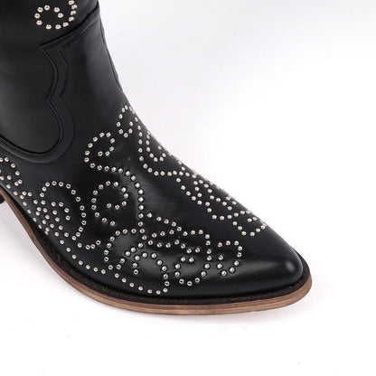 Pointed Toe Rivet Knee High Western Boots - Onlymaker
