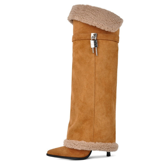 Suede Pointed Toe Lambswool Fold Over Knee High Boots - Onlymaker
