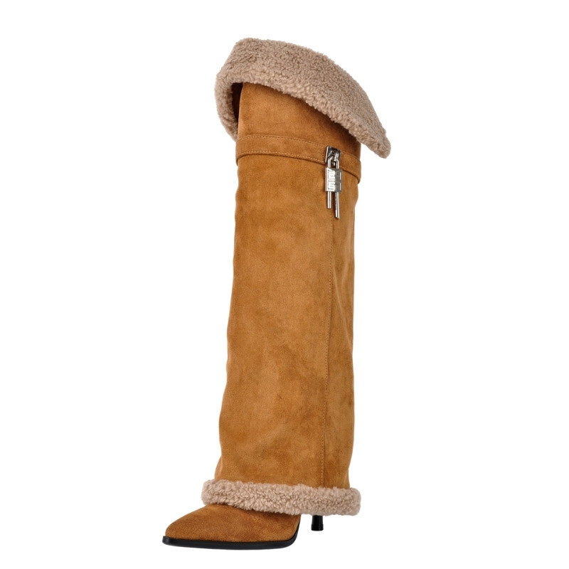 Suede Pointed Toe Lambswool Fold Over Knee High Boots - Onlymaker