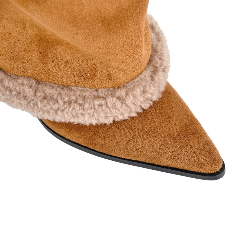 Suede Pointed Toe Lambswool Fold Over Knee High Boots - Onlymaker