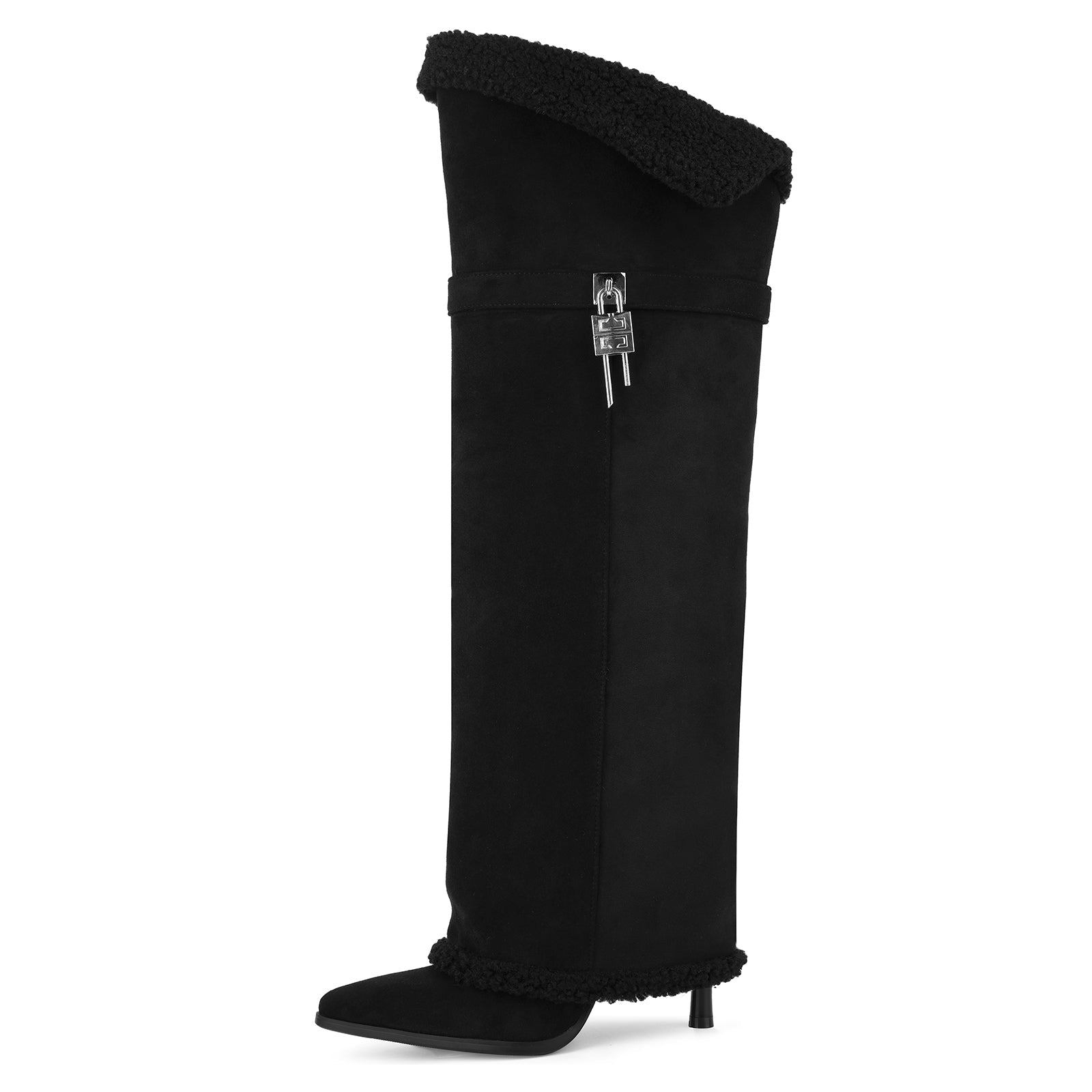 Suede Pointed Toe Lambswool Fold Over Knee High Boots - Onlymaker