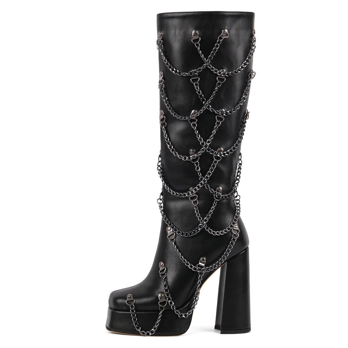 Square Toe Platform Metal Chain Knee High Boots - Onlymaker