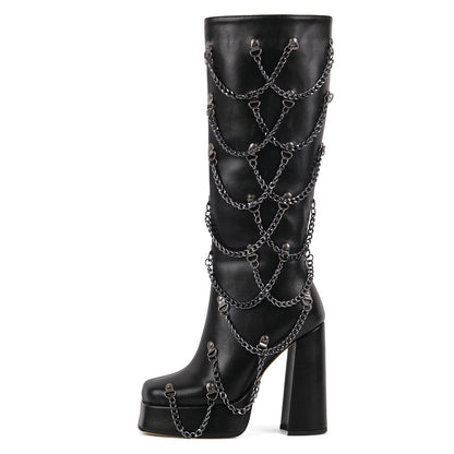 Square Toe Platform Metal Chain Knee High Boots - Onlymaker