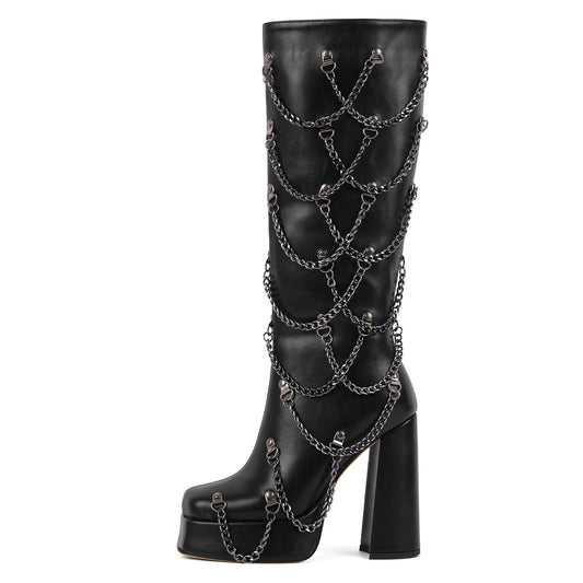 Square Toe Platform Metal Chain Knee High Boots - Onlymaker