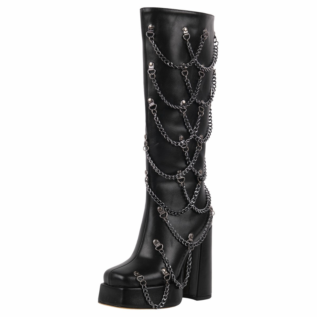 Square Toe Platform Metal Chain Knee High Boots - Onlymaker
