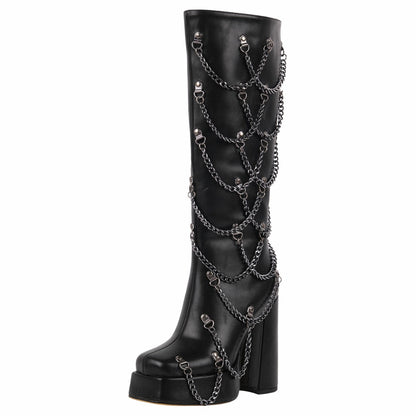 Square Toe Platform Metal Chain Knee High Boots - Onlymaker