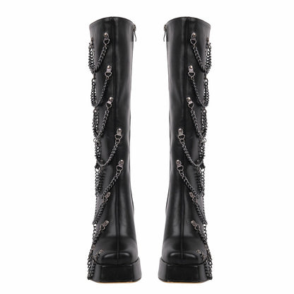 Square Toe Platform Metal Chain Knee High Boots - Onlymaker