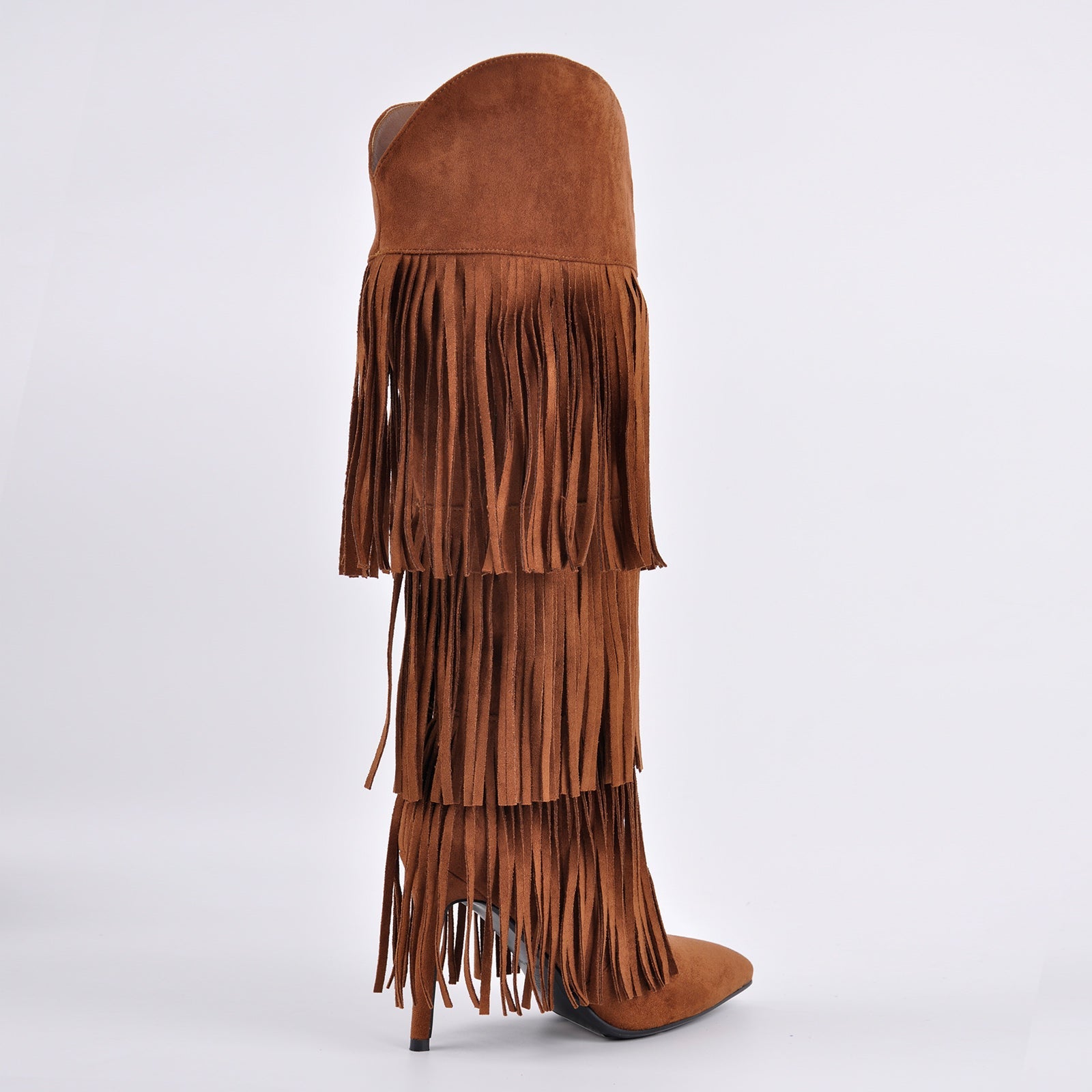 Pointed Toe Suede Fringe Knee High Boots - Onlymaker