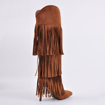 Pointed Toe Suede Fringe Knee High Boots - Onlymaker