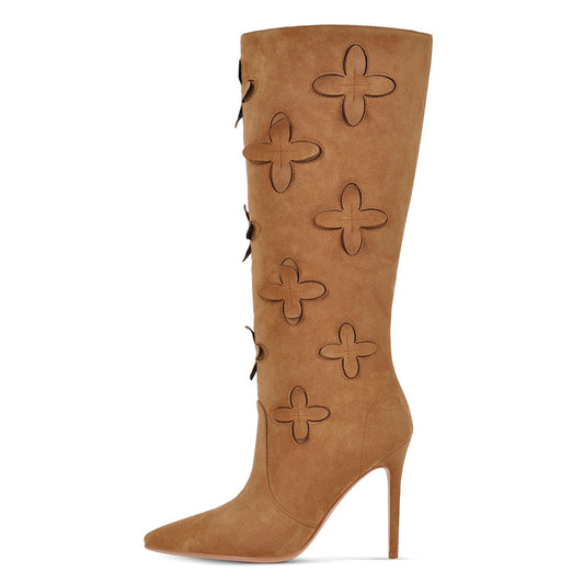 Suede Pointed Toe Floral Knee High Boots - Onlymaker