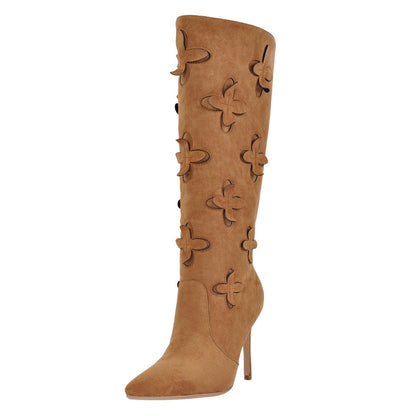 Suede Pointed Toe Floral Knee High Boots - Onlymaker