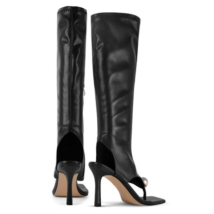 Thong Square Toe Knee High Bootie Sandals - Onlymaker