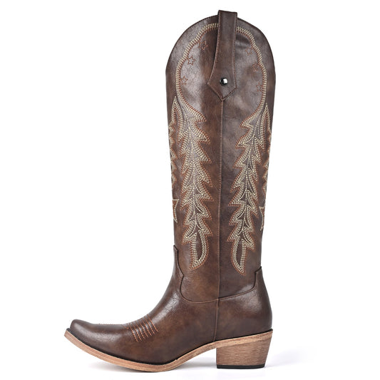 Pointed Toe Embroidery Knee High Western Boots - Onlymaker