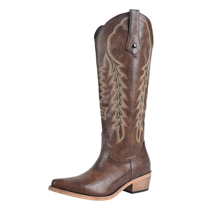 Pointed Toe Embroidery Knee High Western Boots - Onlymaker