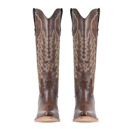 Pointed Toe Embroidery Knee High Western Boots - Onlymaker