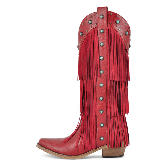 Fringe & Stud Knee High Western Boots - Onlymaker