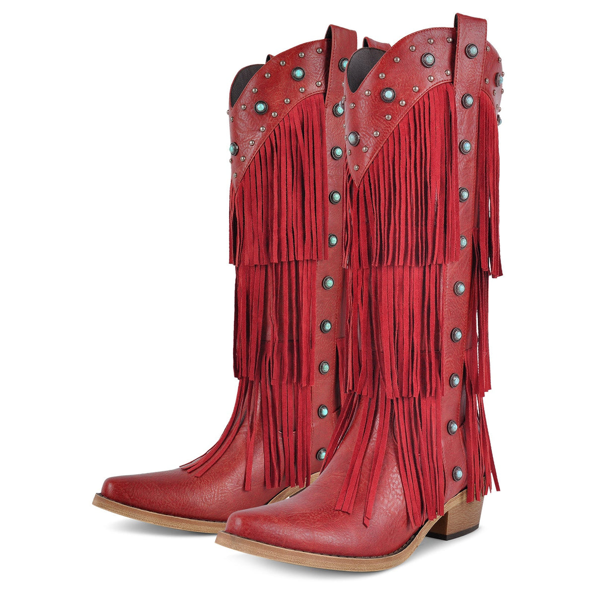 Fringe & Stud Knee High Western Boots - Onlymaker