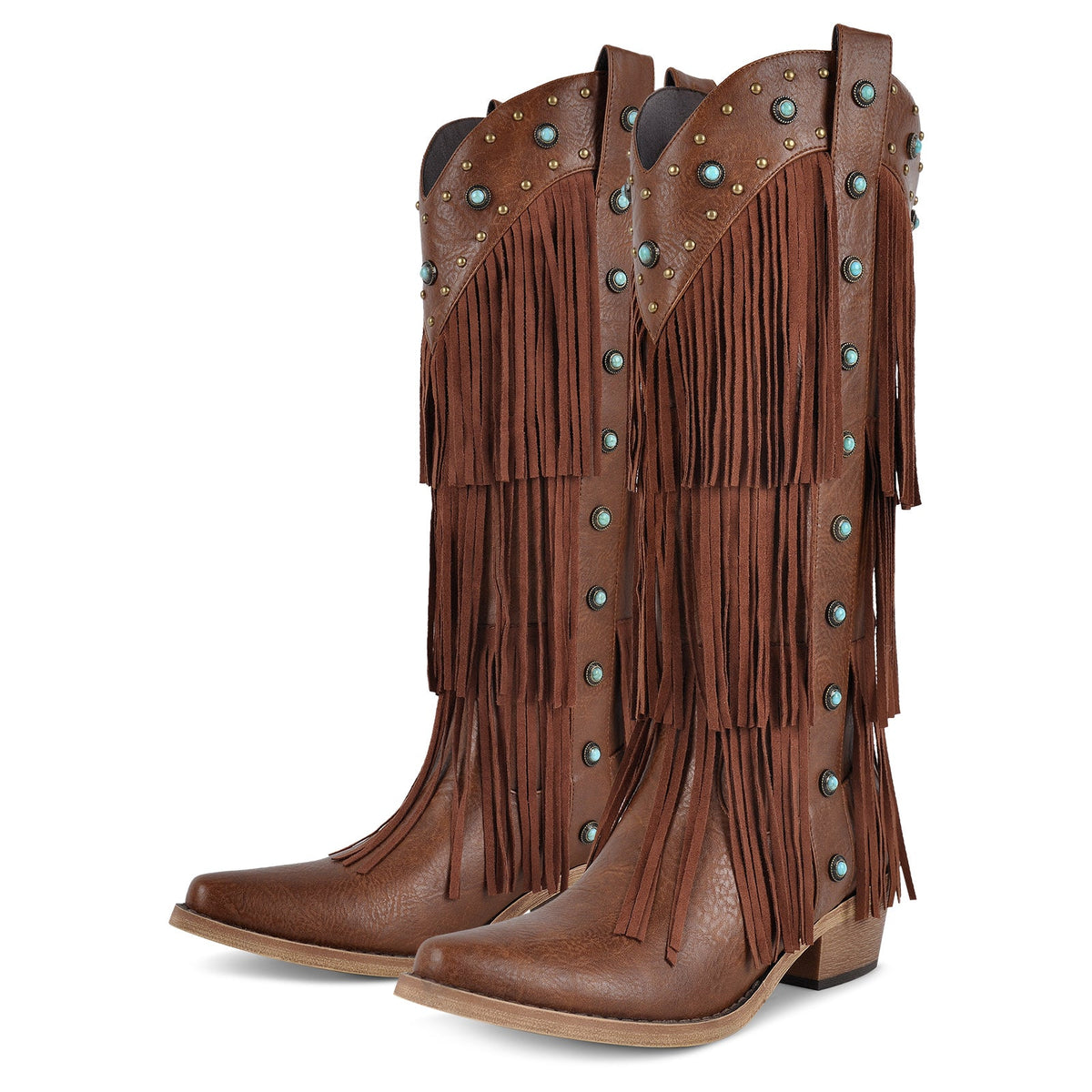 Fringe & Stud Knee High Western Boots - Onlymaker