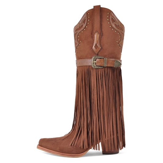 Fringe Embroidery Knee High Western Boots - Onlymaker