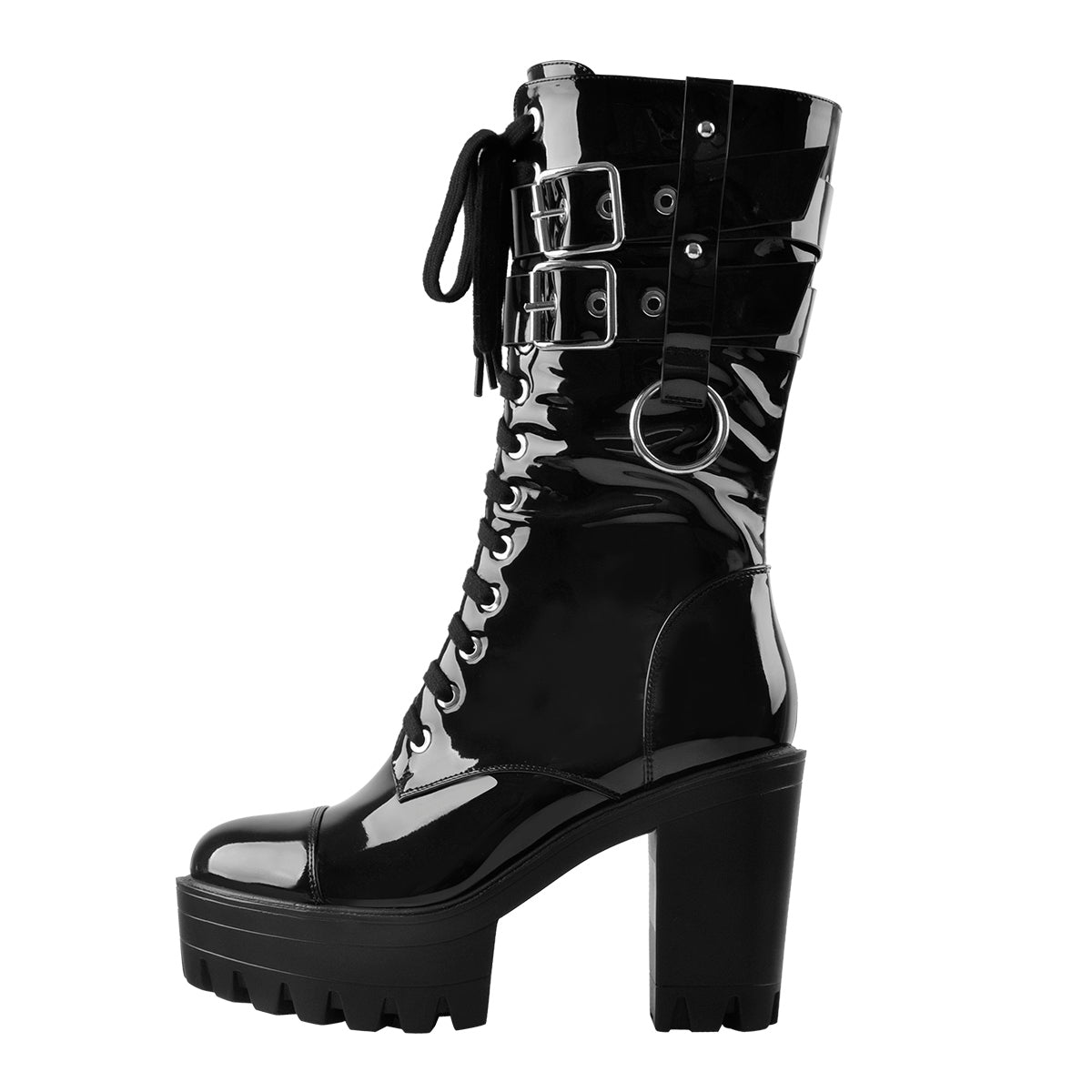 Black Platform Mid Calf Chunky High Heels Boots - Onlymaker
