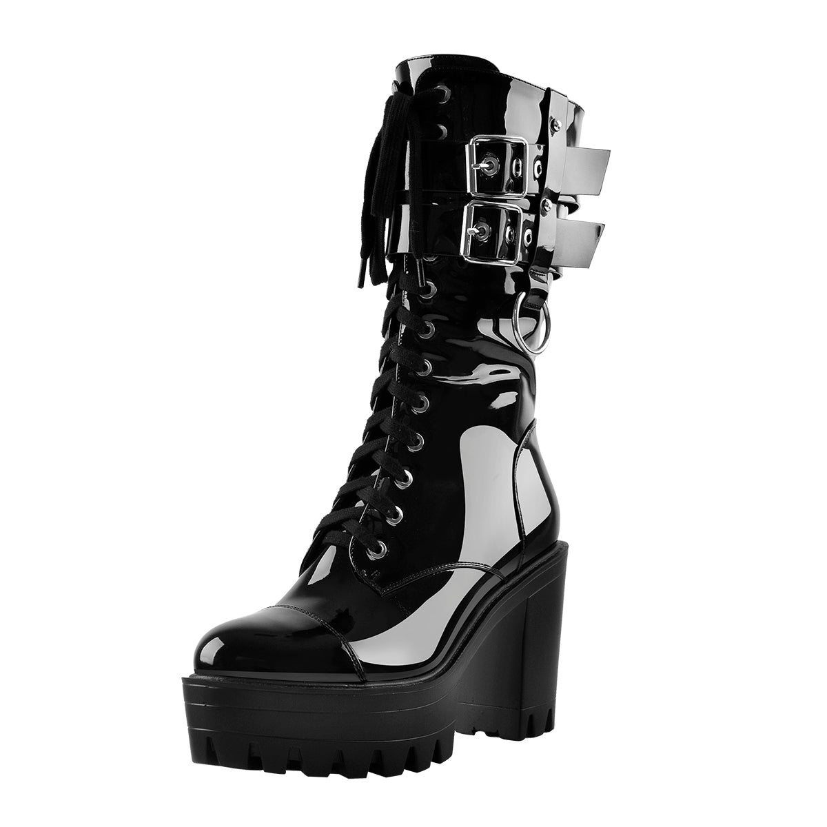 Black Platform Mid Calf Chunky High Heels Boots - Onlymaker