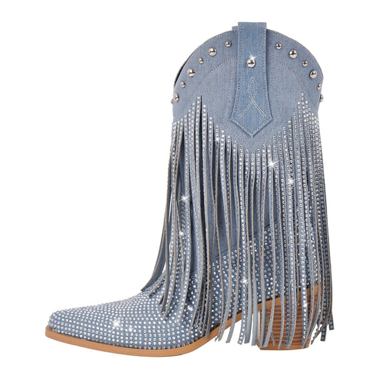 Rhinestone Pointed Toe Fringe Mid-Calf Western Boots - Onlymaker
