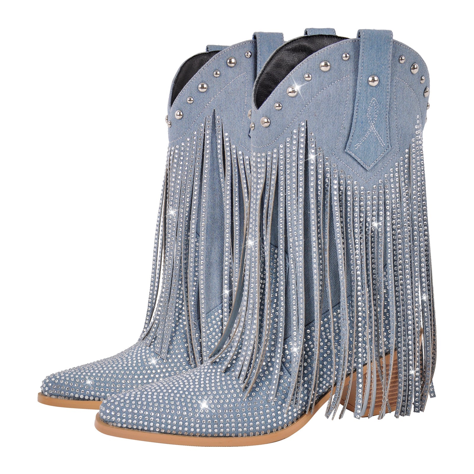 Rhinestone Pointed Toe Fringe Mid-Calf Western Boots - Onlymaker