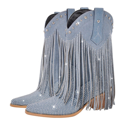 Rhinestone Pointed Toe Fringe Mid-Calf Western Boots - Onlymaker