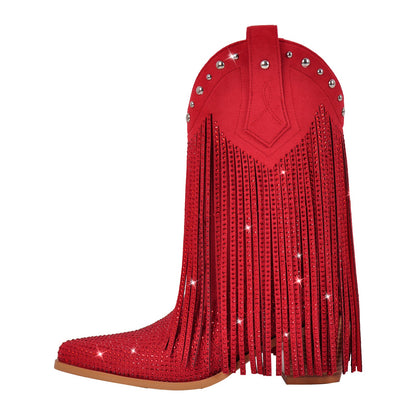Rhinestone Pointed Toe Fringe Mid-Calf Western Boots - Onlymaker