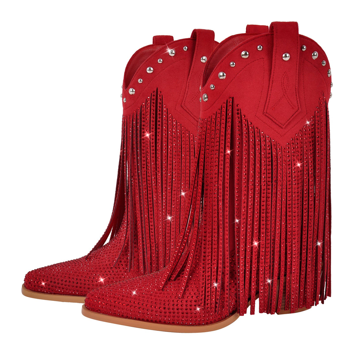 Rhinestone Pointed Toe Fringe Mid-Calf Western Boots - Onlymaker