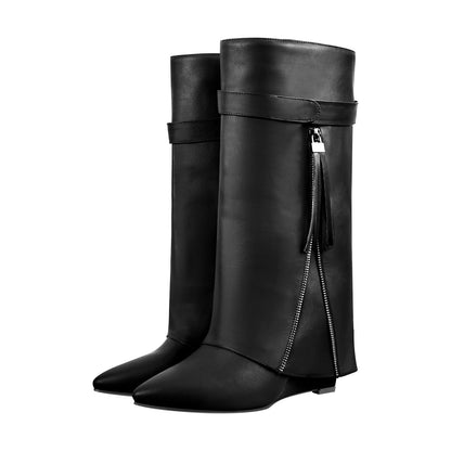 Pointed Toe Side Tassel Zipper Fold Over Boots - Onlymaker