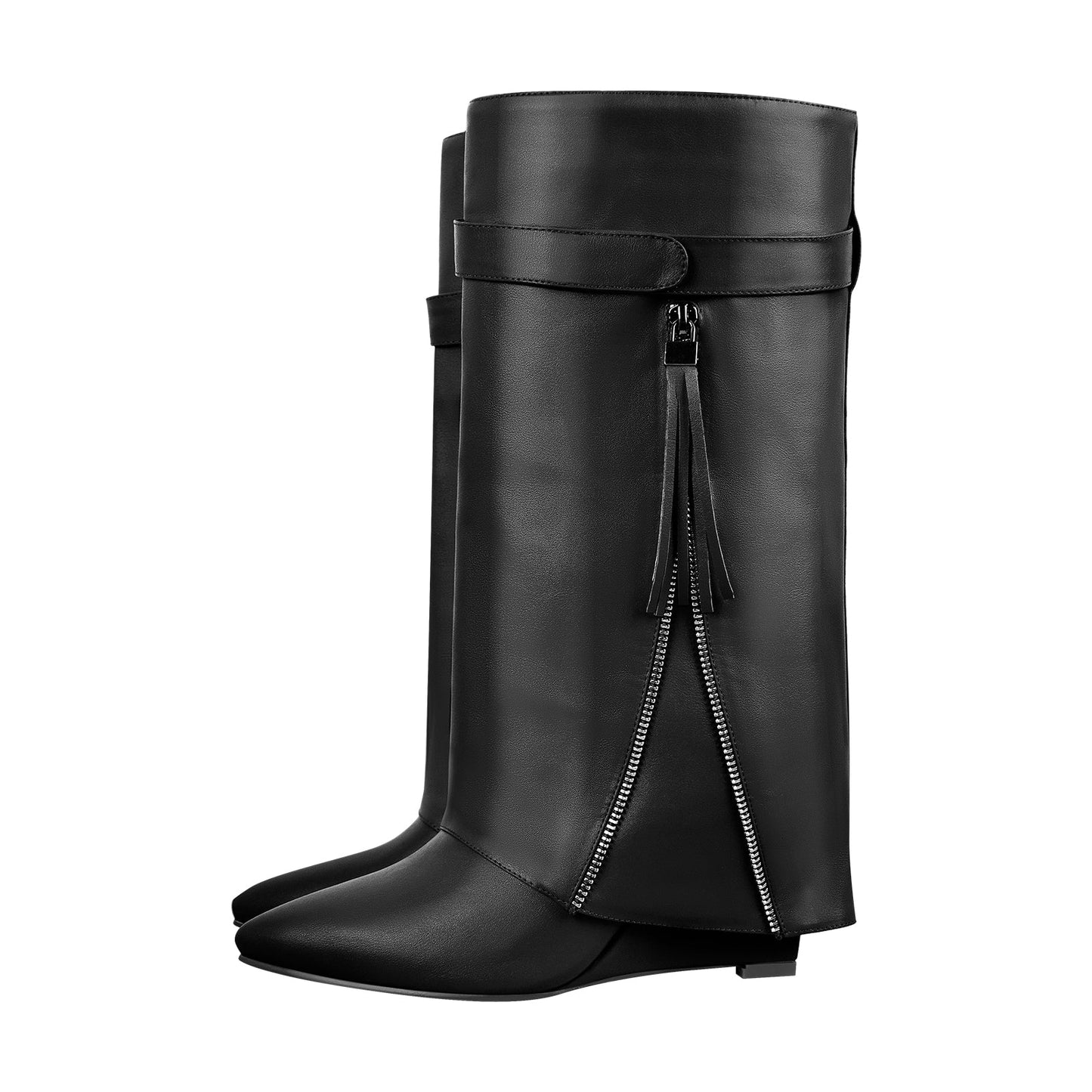 Pointed Toe Side Tassel Zipper Fold Over Boots - Onlymaker
