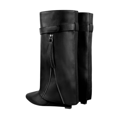 Pointed Toe Side Tassel Zipper Fold Over Boots - Onlymaker