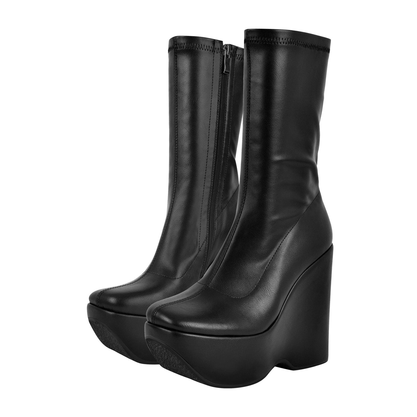 Black Platform Zip Up Mid-Calf Boots - Onlymaker