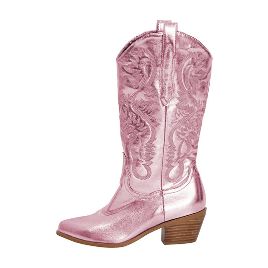 Pink Embroidered Mid-Calf Western Boots - Onlymaker