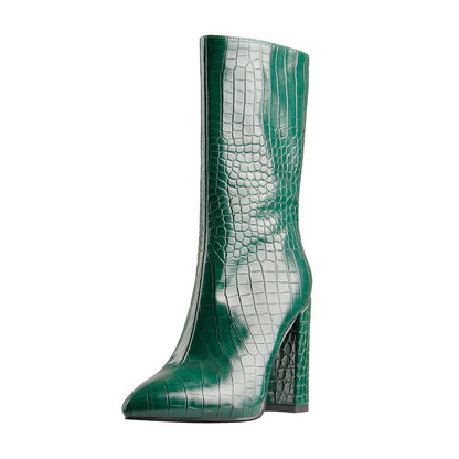 Pointed Toe Stone Pattern Chunky High Heels Darkseagreen Ankle Boots - Onlymaker