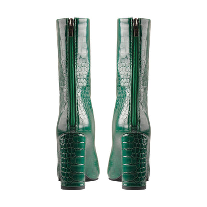 Pointed Toe Stone Pattern Chunky High Heels Darkseagreen Ankle Boots - Onlymaker