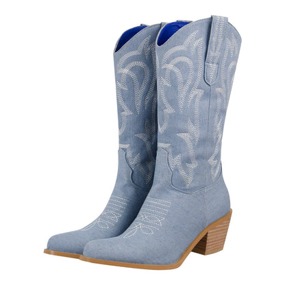 Embroidery Mid-Calf Cowboy Boots - Onlymaker