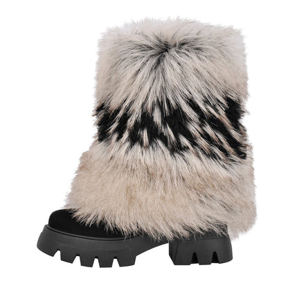 Fur Round Toe Platform Mid-Calf Boots - Onlymaker