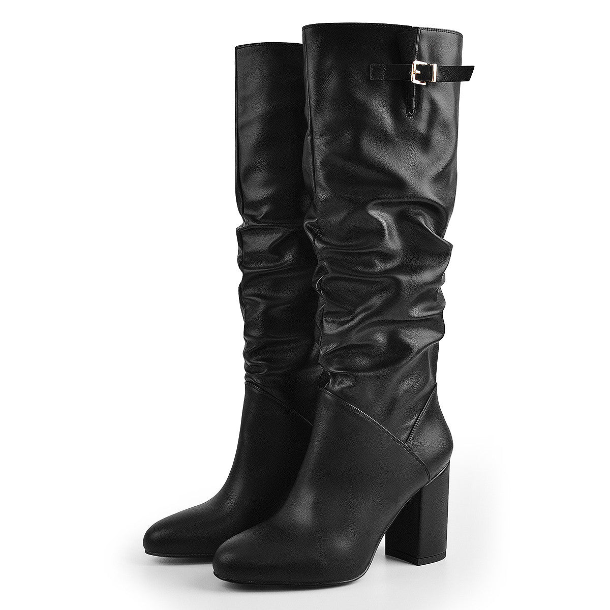 Matte Black Leather Chunky Heels Boots - Onlymaker