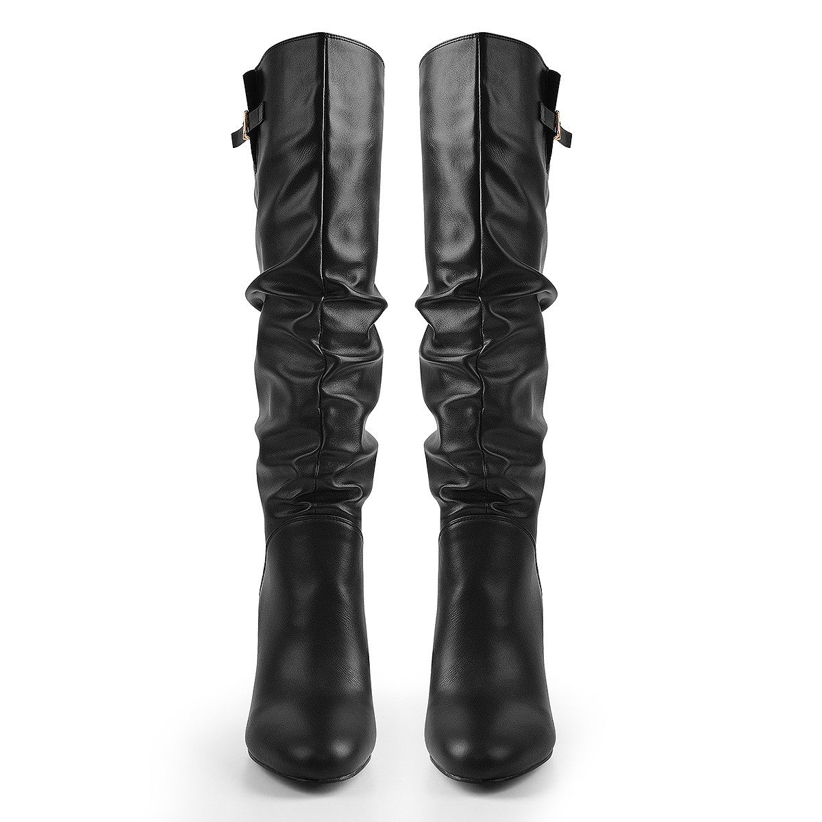 Matte Black Leather Chunky Heels Boots - Onlymaker