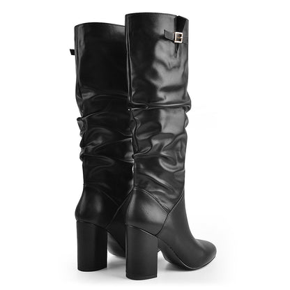 Matte Black Leather Chunky Heels Boots - Onlymaker