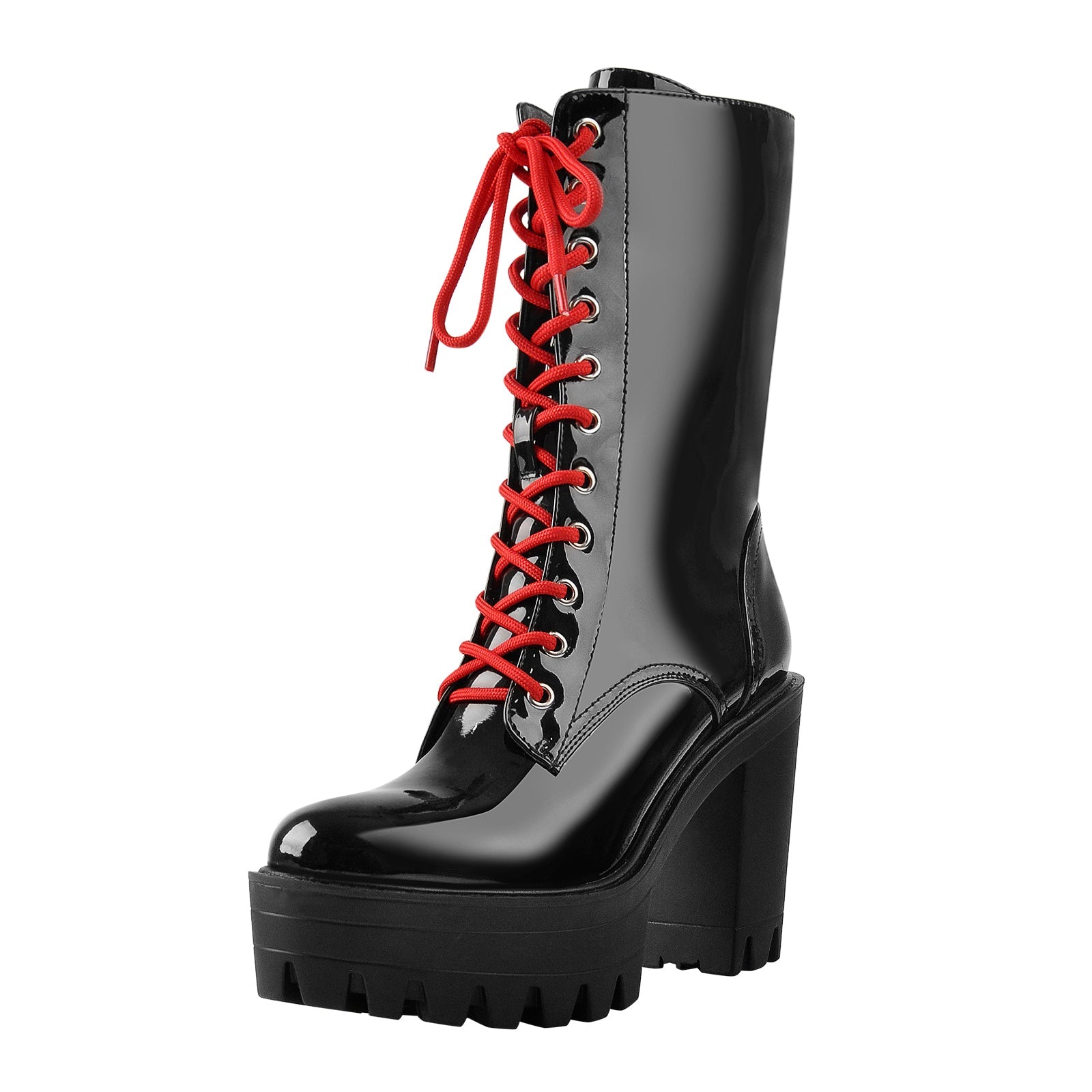 Patent Black Platform Red Lace Chunky Heel Ankle Boots - Onlymaker