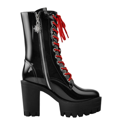 Patent Black Platform Red Lace Chunky Heel Ankle Boots - Onlymaker
