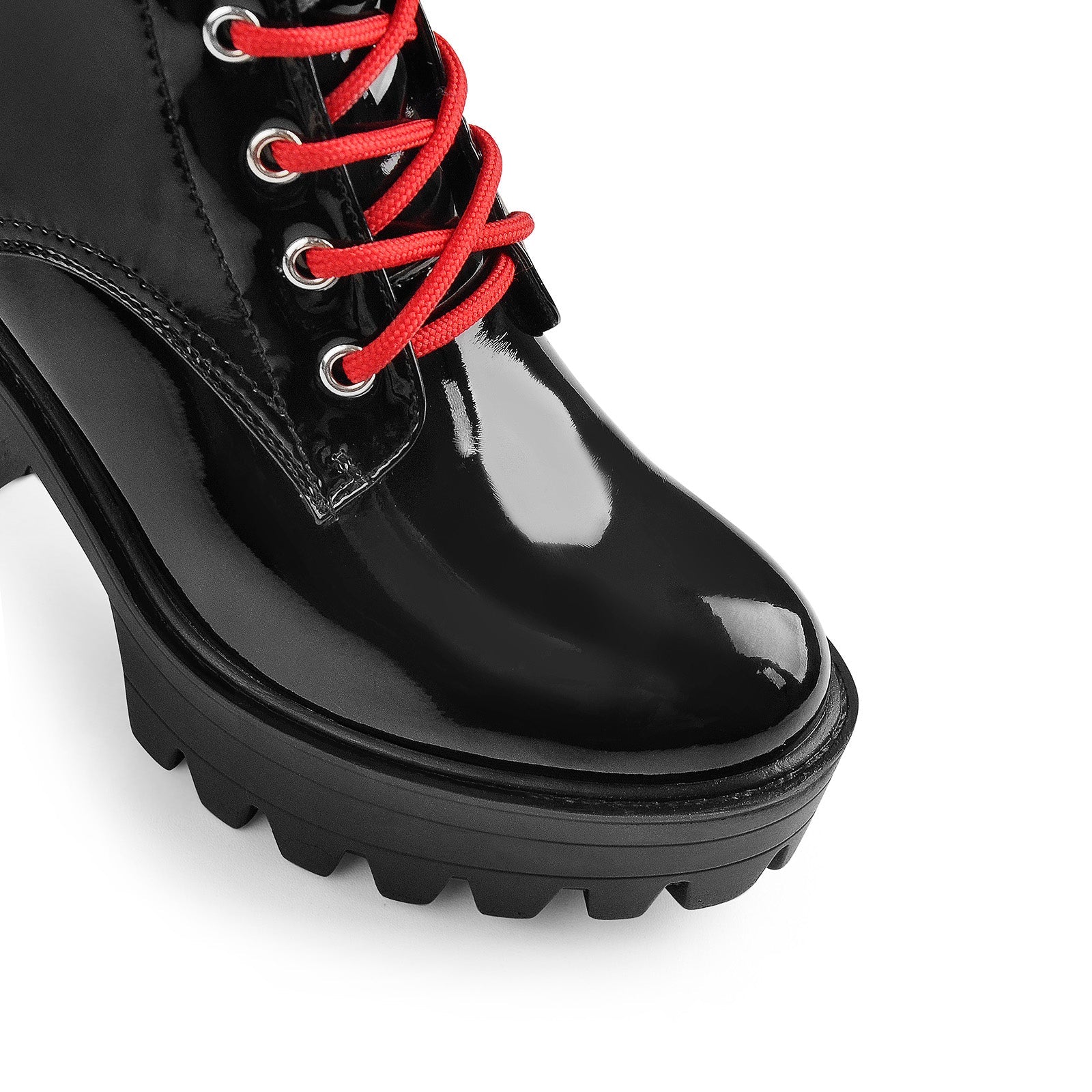 Patent Black Platform Red Lace Chunky Heel Ankle Boots - Onlymaker